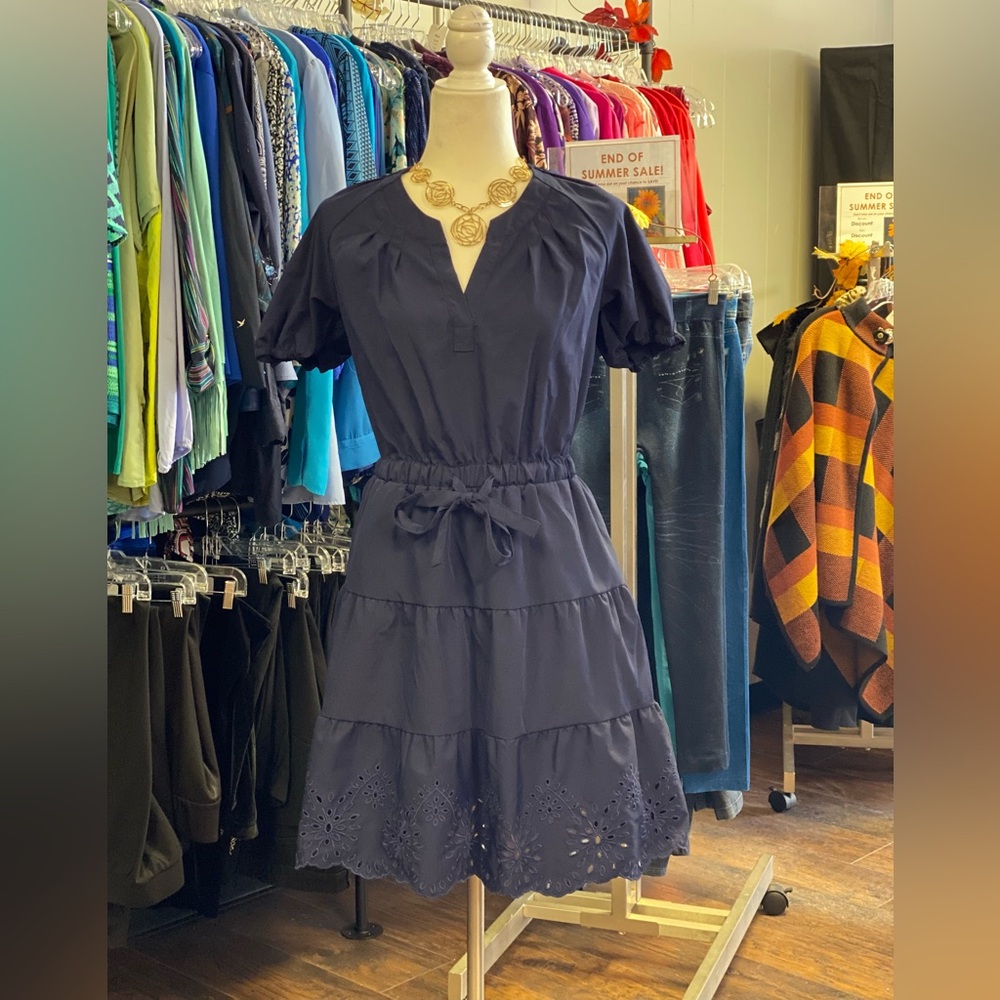 Chic Navy Mini Dress with Eyelet Hem